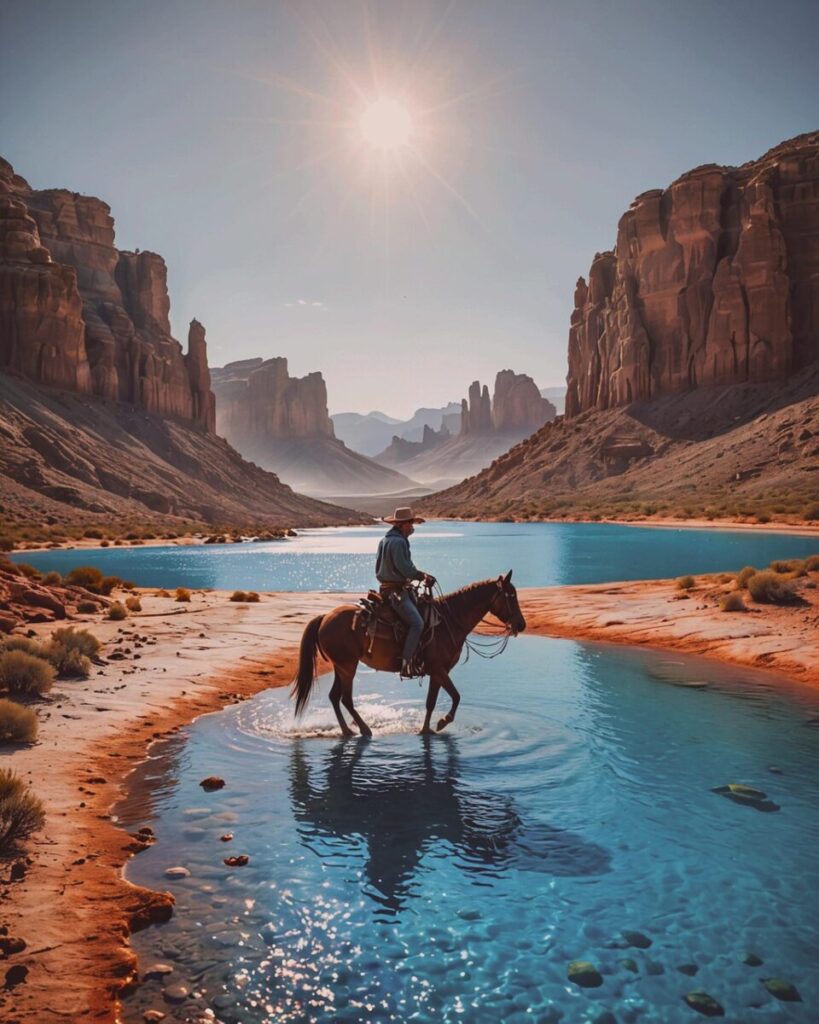 ai generated, cowboy, horse, western film, man, sunset, human, saddle, steppe, outdoors, animal, wildlife, summer, water, cowboy hat, rocks, nature, landscape
